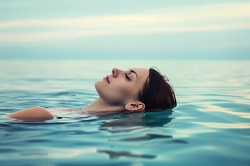 A beautiful woman lies in the water of an indoor pool with her eyes closed, seen from above and behind, closeup of her head and shoulders