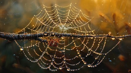 A delicate spiderweb glistening with morning dew, its intricate details captured with meticulous oil brushwork.