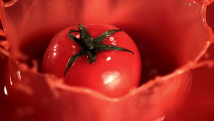 Sticker - Super slow motion tomato juice pours. Filmed on a high-speed camera at 1000 fps. High quality FullHD footage