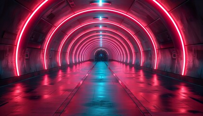 Poster - Sci Fi futuristic studio stage dark room in space station with glowing neon lights background