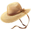 A classic summer accessory, a yellow straw hat sits isolated on a white background
