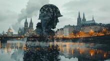 A Double Exposure Of An Old Photograph Of A Soldier Superimposed Over A Modern-day Cityscape, Highlighting The Enduring Legacy Of The Fallen.