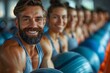 Happy mature man with a beard leading a fitness class with a row of focused athletes