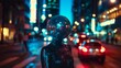 A mannequin with a disco ball for a head stands in a vibrant city at night.