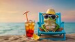 A relaxed frog in sunglasses and a straw hat chilling on a beach chair with a refreshing iced beverage beside the sea
