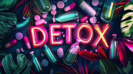 Wall Mural - A vibrant image featuring the neon word 'DETOX' among pills and tropical leaves.