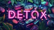 A vivid illustration featuring neon 'DETOX' sign surrounded by pills and leaves.