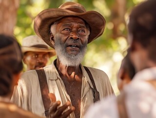 Canvas Print - A man with a hat and beard is smiling at the camera. He is surrounded by other people, some of whom are also smiling. Scene is friendly and welcoming