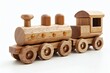 Toy trains made of wood on a white backdrop