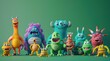 © David Giraud - Un groupe de monstres mignons sur fond coloré, image avec espace pour texte.