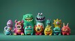 © David Giraud - Un groupe de monstres mignons sur fond coloré, image avec espace pour texte.