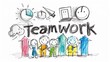 Child-like drawing of stick figures with the word 'Teamwork' and growth symbols