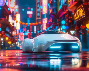 Wall Mural - Futuristic autonomous vehicle gliding through a neon-lit city at night, sleek, silent, efficient