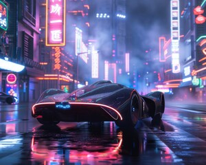 Wall Mural - Capture the essence of urban innovation with a snapshot of a futuristic autonomous vehicle effortlessly cruising through a neon-lit city after dark.