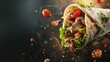 fresh grilled beef turkish or chicken arabic shawarma doner sandwich with flying ingredients and spices hot ready to serve and eat food commercial advertisement menu banner with copy, Generative ai