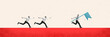 © Lustre Art Group  - Banner. Contemporary art collage. Businessman with blue flag runs away from two employers to start his project. Concept of business, economy, finance, career growth, life-work balance