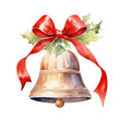 Watercolor bell with red bow and holly isolated on white background.