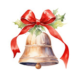 Fototapeta Dziecięca - Watercolor bell with red bow and holly isolated on white background.