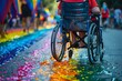 queer disabled wheelchair on gaypride, queer pride or disability pride month. rainbowcoloured wheelchair at gay pride