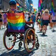 queer disabled wheelchair on gaypride, queer pride or disability pride month. rainbowcoloured wheelchair at gay pride
