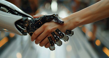 Poster - Close-up of handshake. A robotic hand shaking hands with a human female hand, an allegory of cooperation achieved. Generative AI.