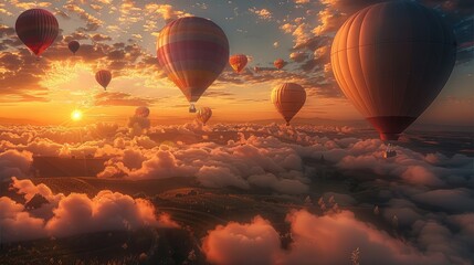 Wall Mural - Sunset full of hot air balloons, landscapes and ultra-realistic objects. Generative AI.