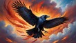 A powerful raven soars with outstretched wings against a dramatic backdrop of a sky ablaze with the fiery hues of sunset.. AI Generation