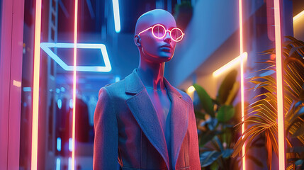 Leinwandbilder - Mannequin placed in a niche with neon lighting. The mannequin is in a clothing store, Emphasize clean lines and modern aesthetics. Generative AI.