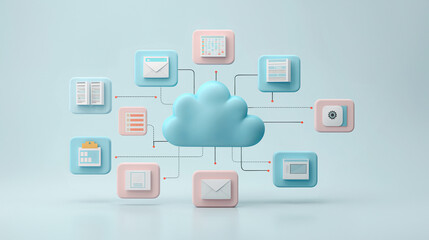 A stylized cloud connected to various data management icons on a light blue background.