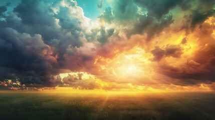 Wall Mural - Beautiful paradise landscape picture, sky and clouds, nature, grass, meadow, river, wallpaper background