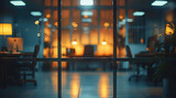 Fototapeta  - A blurry, out-of-focus shot of a business room in darkness with two lights visible inside, hinting at what lies beyond it. Generative AI.