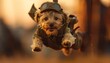 An adorable puppy in World War II soldier attire joyfully parachutes down against a pastel sky. Rule of thirds framing highlights its outspread paws in a moment of pure bliss.