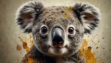 Heartwarming Close-up Portrait Of A Koala Bear With Watercolor Splashes, Bringing Vibrancy To The Serene Wildlife Scene