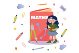Fototapeta Big Ben - Math concept with people scene in flat cartoon design. In this image, a schoolgirl is focused on studying mathematics. Vector illustration.