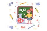 Fototapeta Londyn - Chemistry concept with people scene in flat cartoon design. In this picture, a schoolgirl is happy to study chemistry in the classroom. Vector illustration.