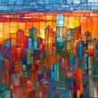 Stained glass skyline, cityscape at sunset with vibrant colors transitioning from warm oranges to cool blues ar 52