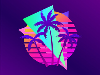 Wall Mural - Retro futuristic sunset with palm trees and triangle in 80s style. Sci-fi palm trees at sunset in synthwave and retrowave style. Design for print, banners and posters. Vector illustration