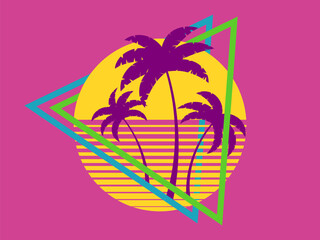 Wall Mural - 80s retro sci-fi palm trees on a sunset in triangular frame. Retro futuristic sun with palm trees. Synthwave and retrowave style. Design for advertising banners and posters. Vector illustration