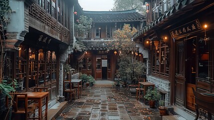 A Chinese courtyard in the village, airy on all sides, is two stories high and has an inky brick exterior. Generative AI.