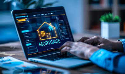 Person using a laptop with a digital mortgage application or real estate interface displaying house icon, representing the modern process of securing home loans or exploring real estate options online