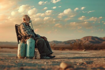 an aged man relying on oxygen therapy sits contemplatively in a barren desert landscape. elderly man