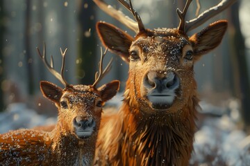 Wall Mural - two brown reindeer with large antlers in a snowy forest landscape