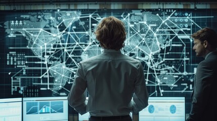 Fototapete - A criminal intelligence analysts exploring a link chart with various suspects connected to the head of a criminal organisation. Generative AI.