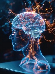 Aufkleber - Create 3d polygon fluorescent brain with mesh on black background, high quality, natural lighting. Generative AI.