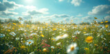 Fototapeta  - Field of fresh grass and flowers in nature against a blurry blue sky with clouds. Summer spring perfect natural landscape. Generative AI.