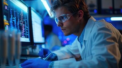 Poster - A scientist working at a computer, analyzing data and conducting simulations. Generative AI.
