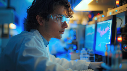 Poster - A scientist working at a computer, analyzing data and conducting simulations. Generative AI.
