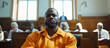 The accused in the orange jumpsuit denies the charges and protests his innocence in the courtroom. Legal system concept