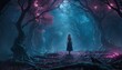 A young maiden in a blue dress walks through a dreamy woodland, with pink and blue light casting an otherworldly glow on the scene.. AI Generation