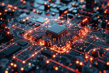 Poster - Complex circuit board, illustrating the integration of artificial intelligence technology with electronic hardware.